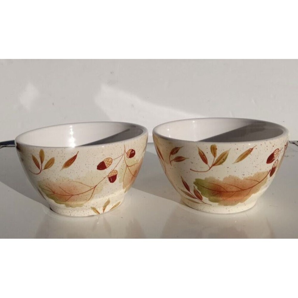 Botanica Hand Painted Stonemite Bowl- Fall Leaves Pattern (Lot of 2)